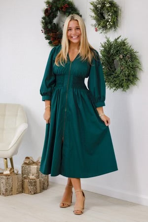 Timeless Zip Front Midi Dress in Green