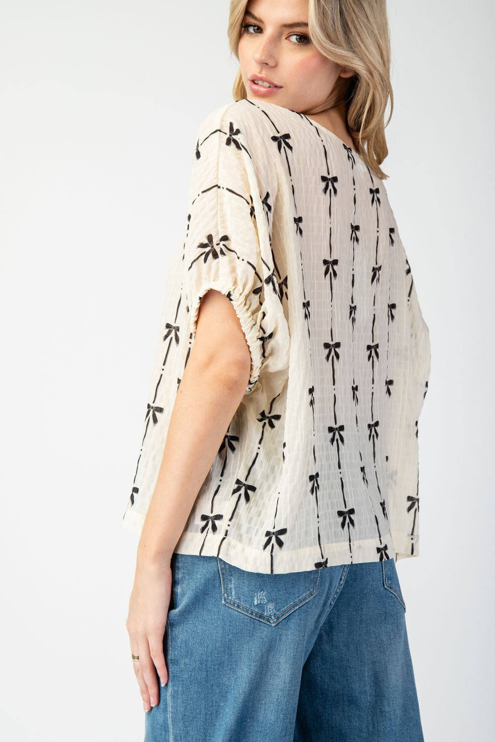 Delightful Bows Short Sleeve Top in Cream