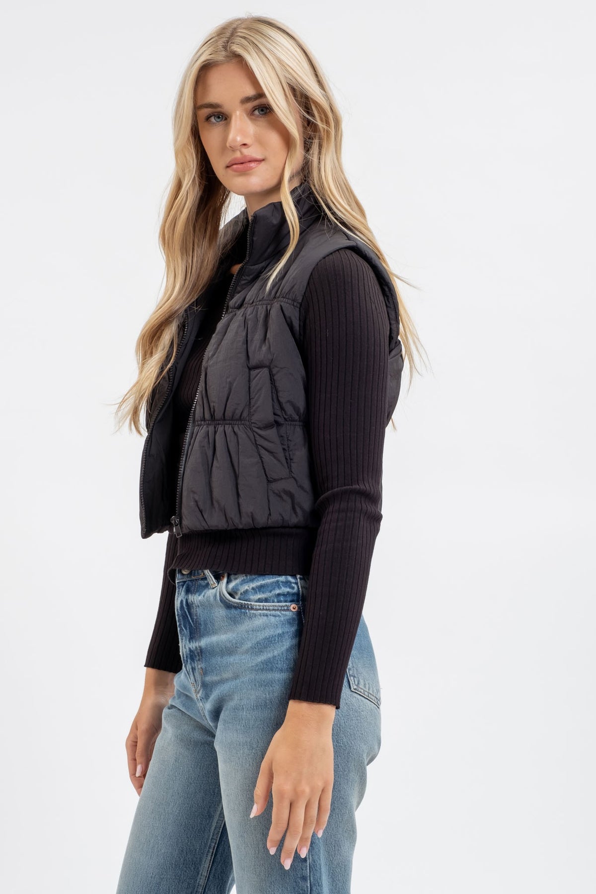 Maeve Cropped Puffer Vest in Black