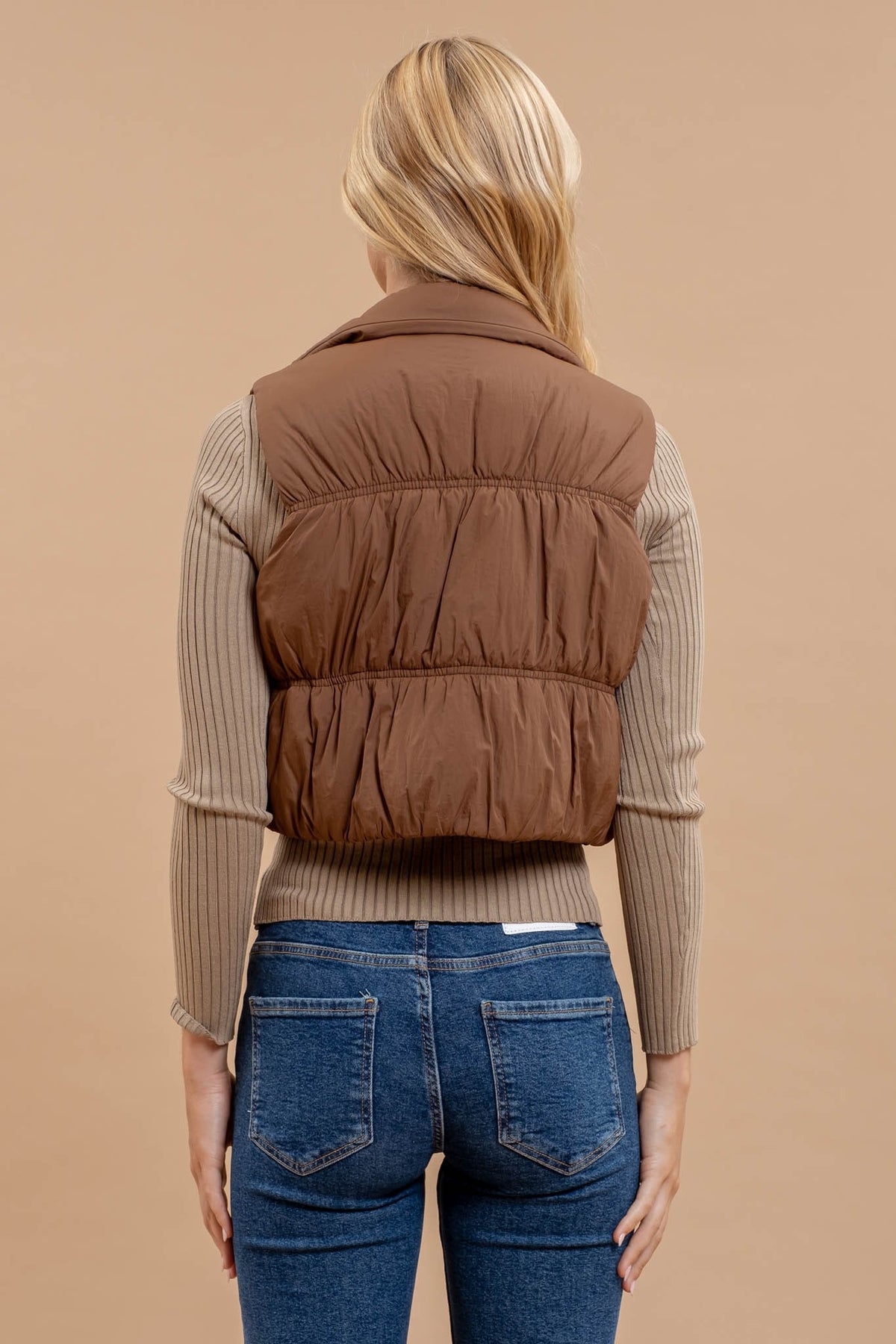 Maeve Cropped Puffer Vest in Brown