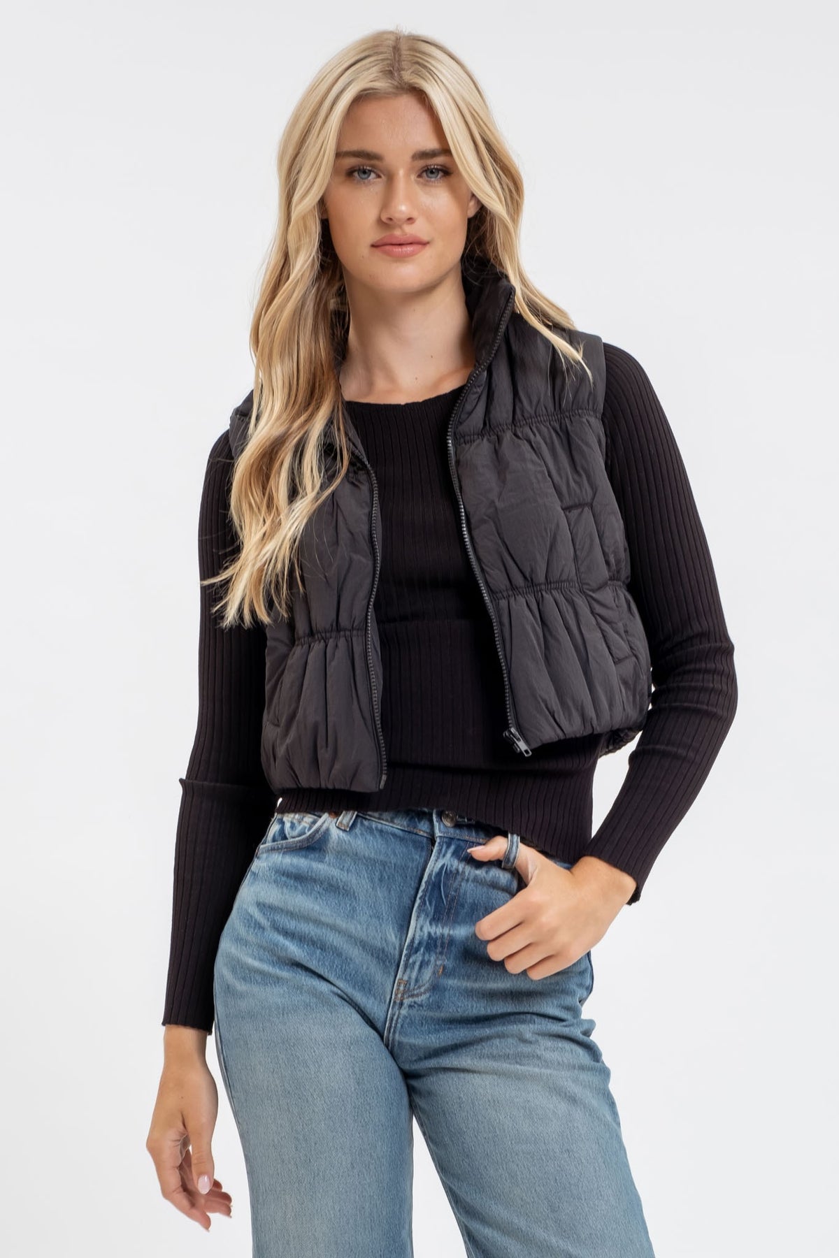 Maeve Cropped Puffer Vest in Black