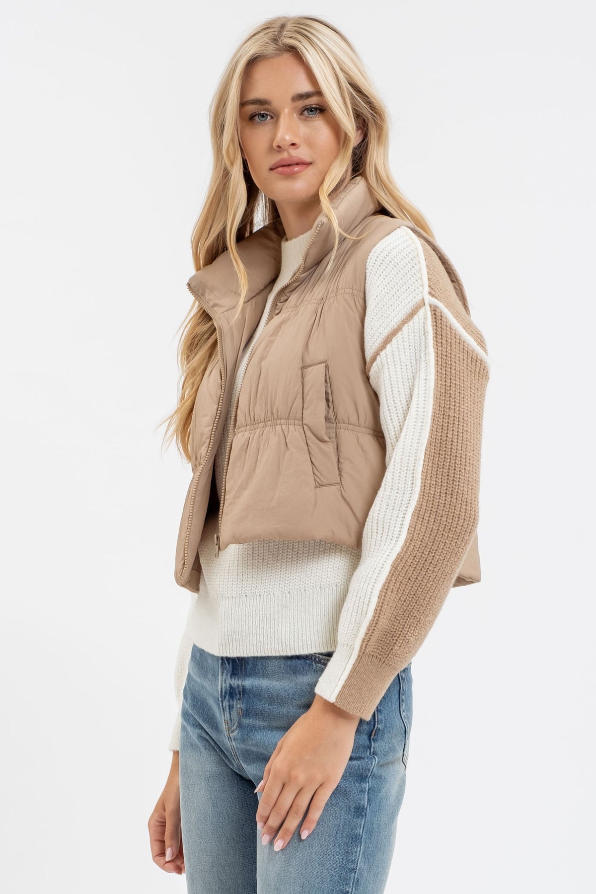 Maeve Cropped Puffer Vest in Mocha