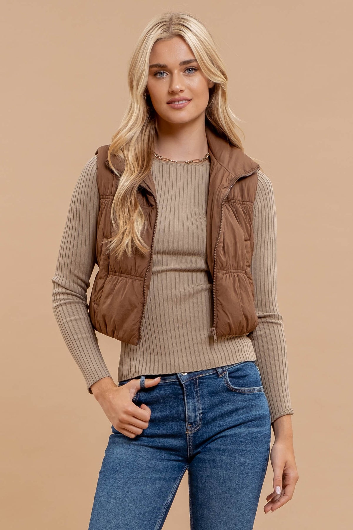 Maeve Cropped Puffer Vest in Brown