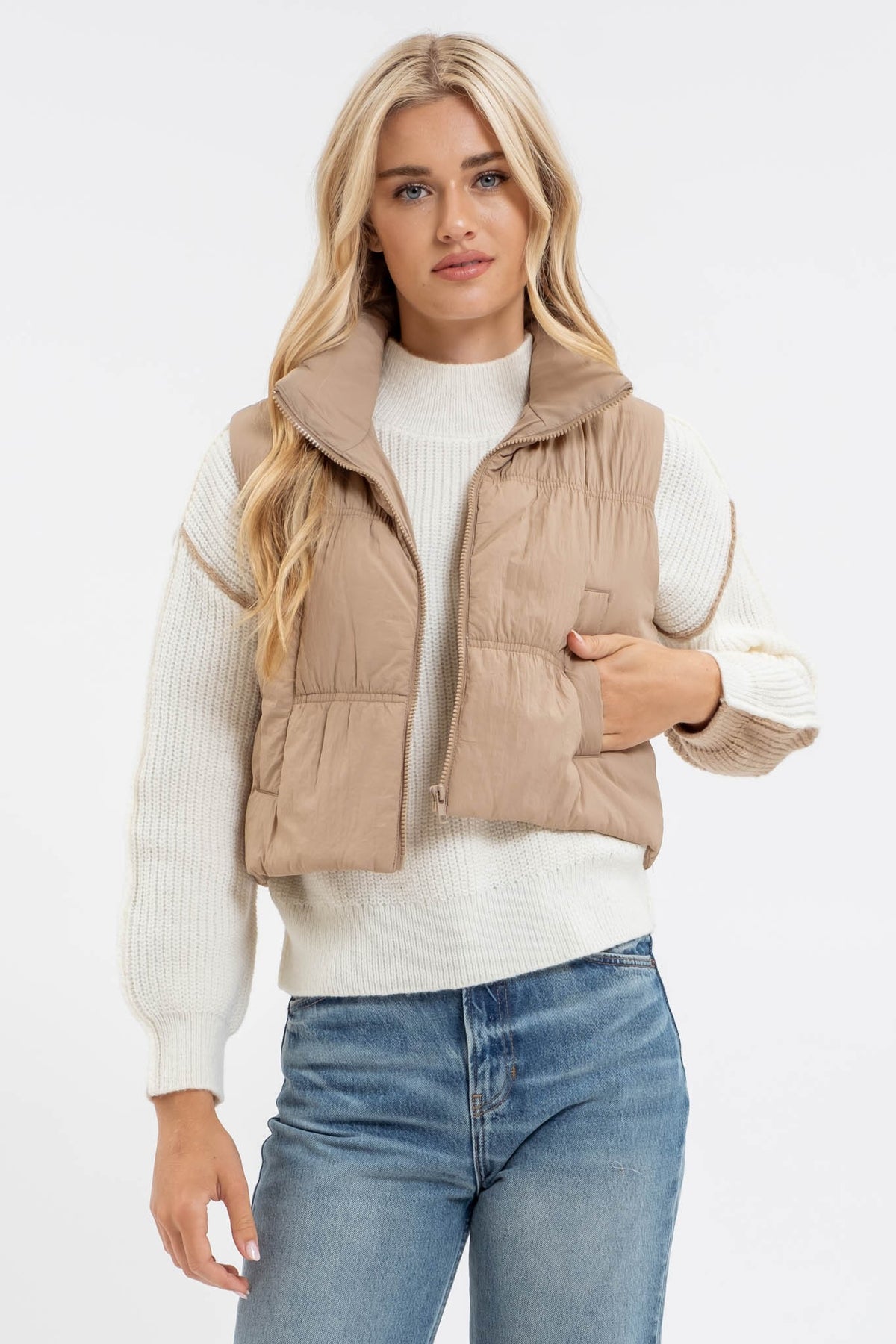 Maeve Cropped Puffer Vest in Mocha