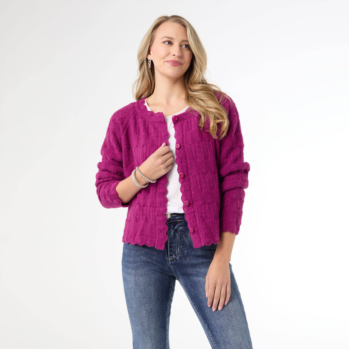 Regina Cardigan With Scalloped Trim In Berry