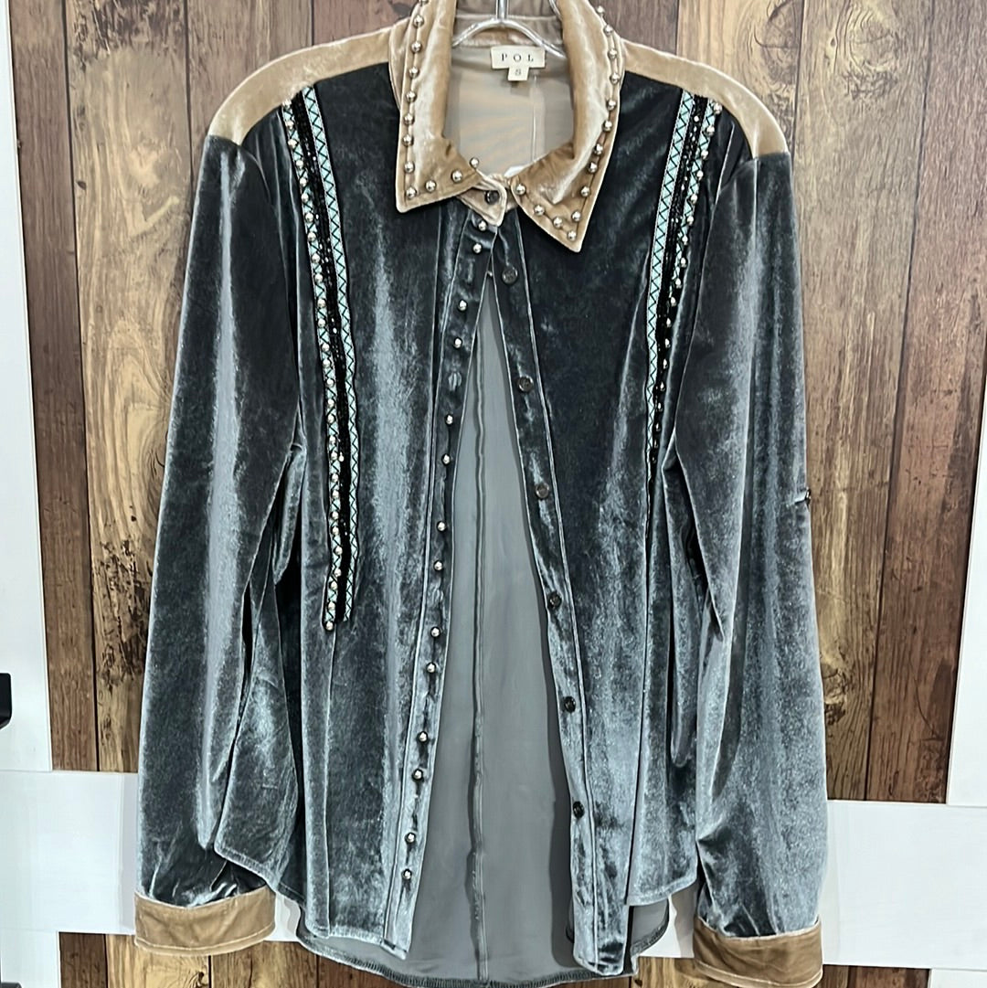 Contrasting Studs Velvet Button Down Top