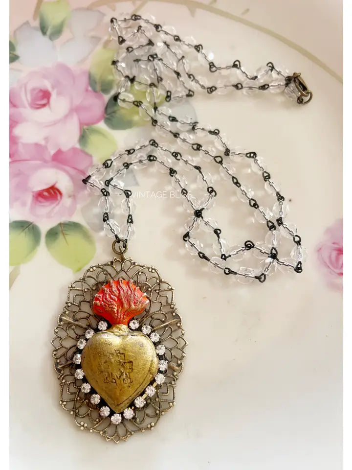 Sacred Heart Crystal Beaded Necklace