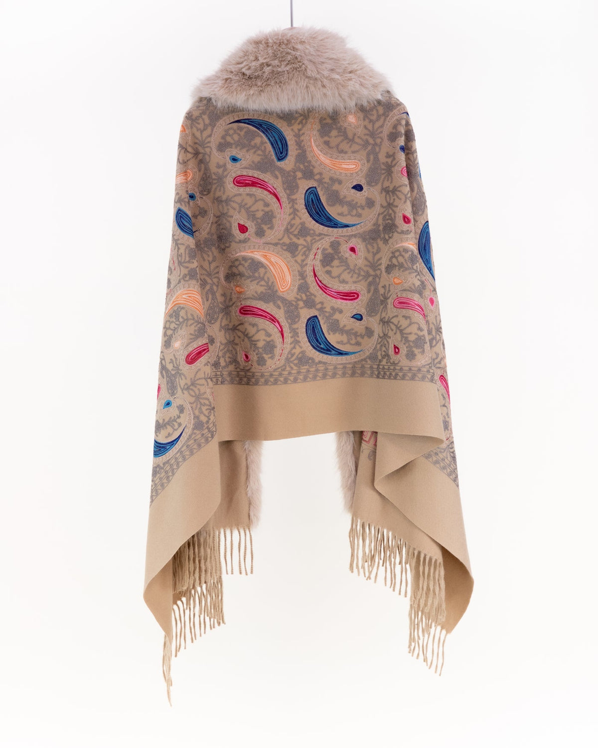 Embroidered Paisley Faux Fur Scarf Camel