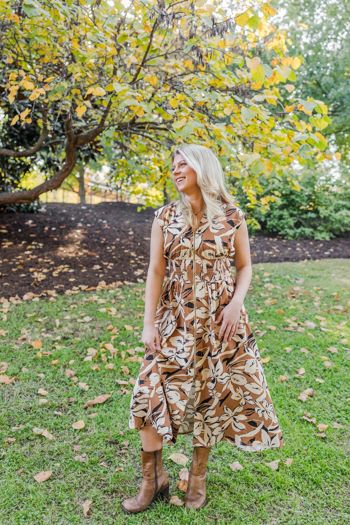 Zip Me Up Sleeveless Midi Dress in Caramel