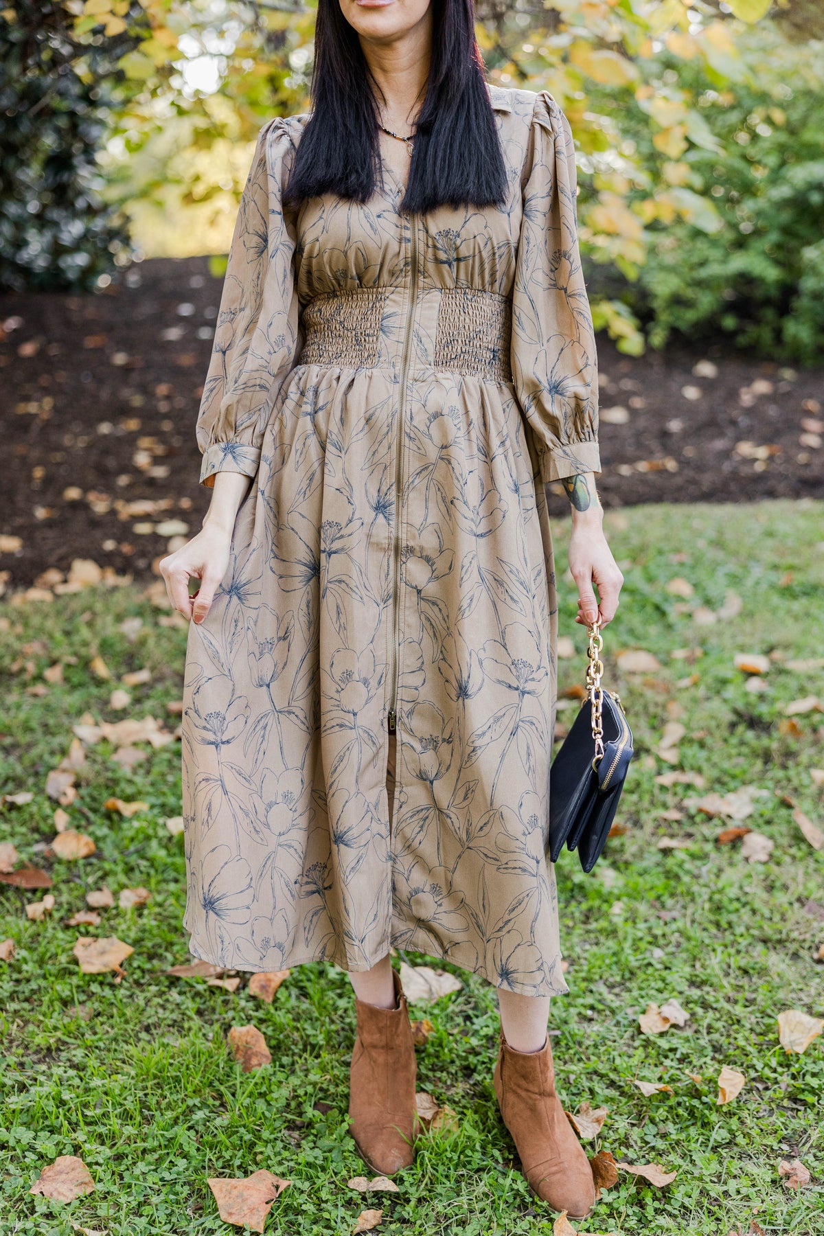 Timeless Floral Midi Dress in Mocha