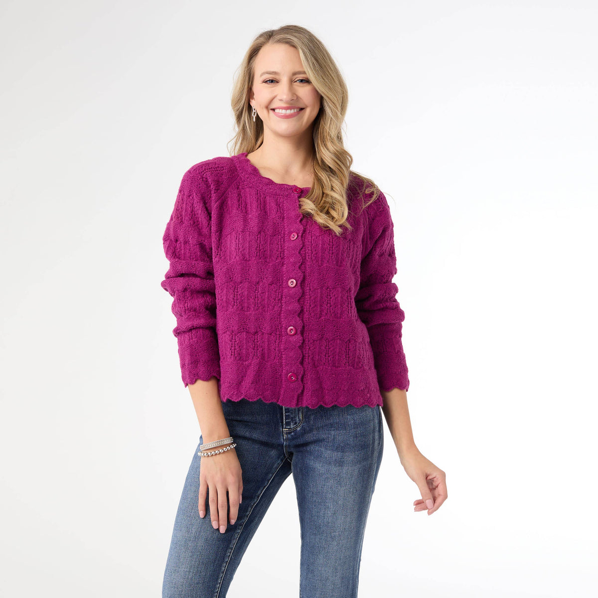 Regina Cardigan With Scalloped Trim In Berry