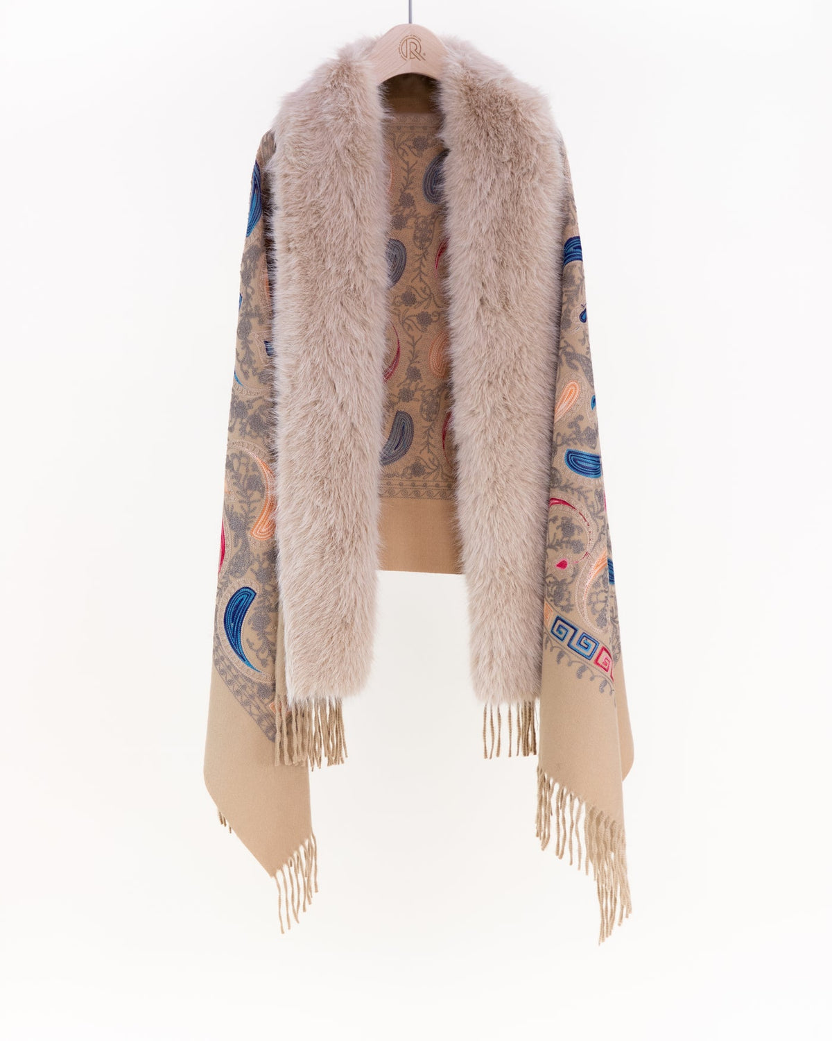 Embroidered Paisley Faux Fur Scarf Camel