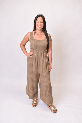 Riviera Smocked Jumpsuit in Taupe