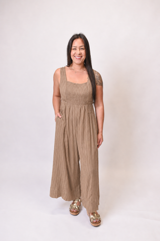 Riviera Smocked Jumpsuit in Taupe