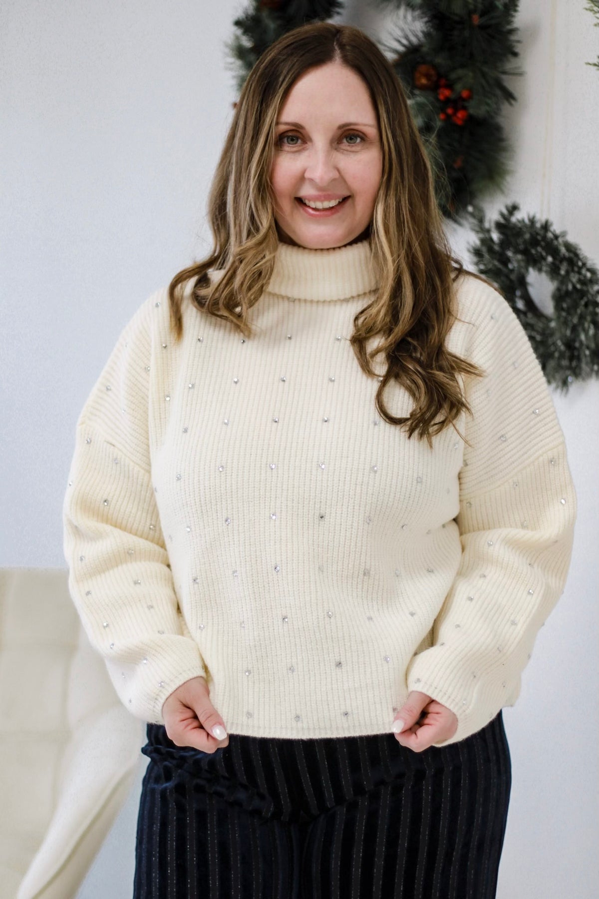 Frosted Sparkle Turtleneck Sweater in Ivory