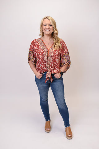 Kimono Vibes Front Tie Top in Garnet