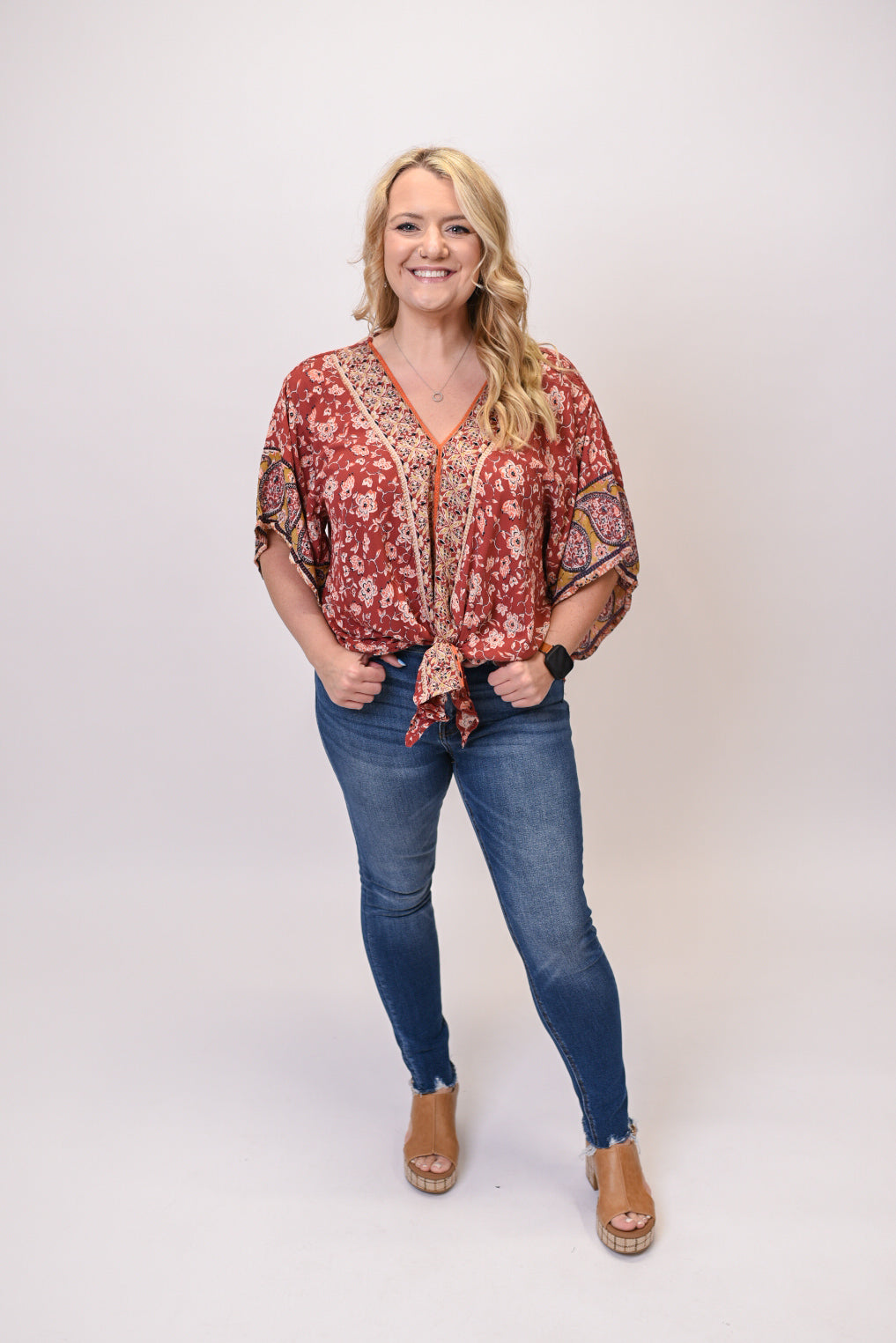 Kimono Vibes Front Tie Top in Garnet