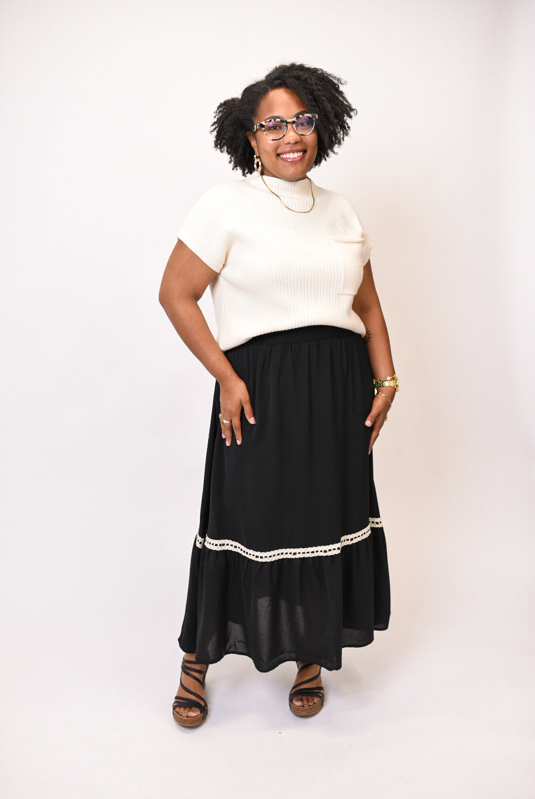 Hint of Lace Black Midi Skirt