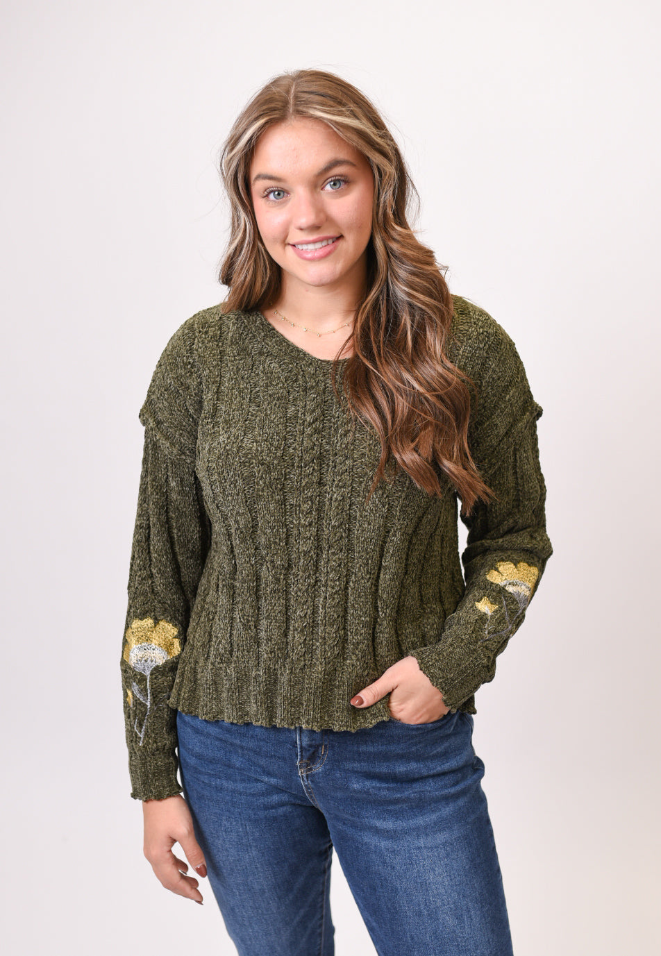 Wildflower Cable Knit Sweater in Olive