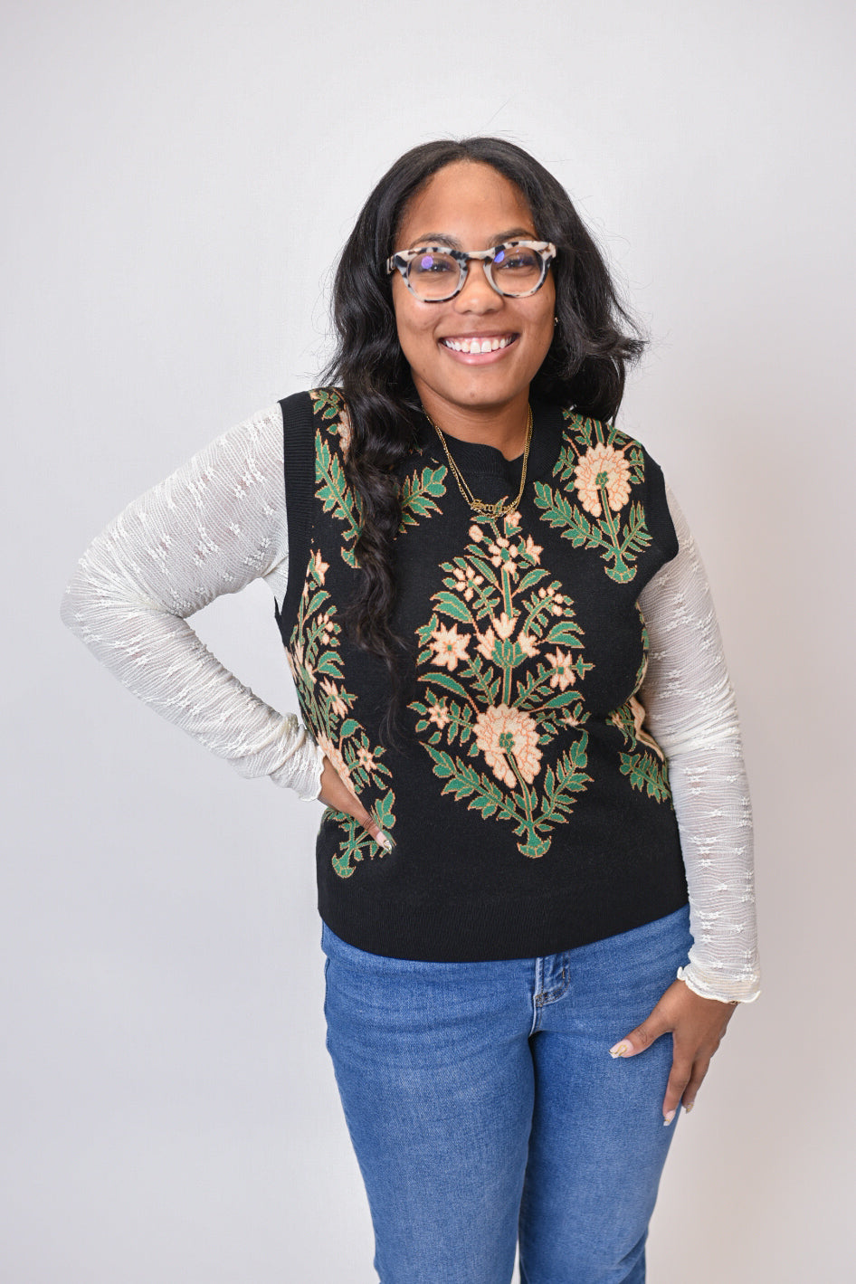 Vintage Vine Sweater Vest in Black