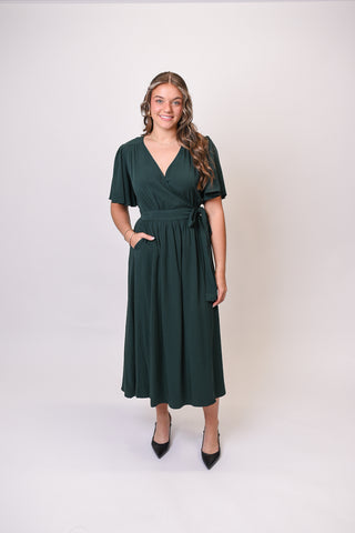 Evergreen Elegance Midi Wrap Dress