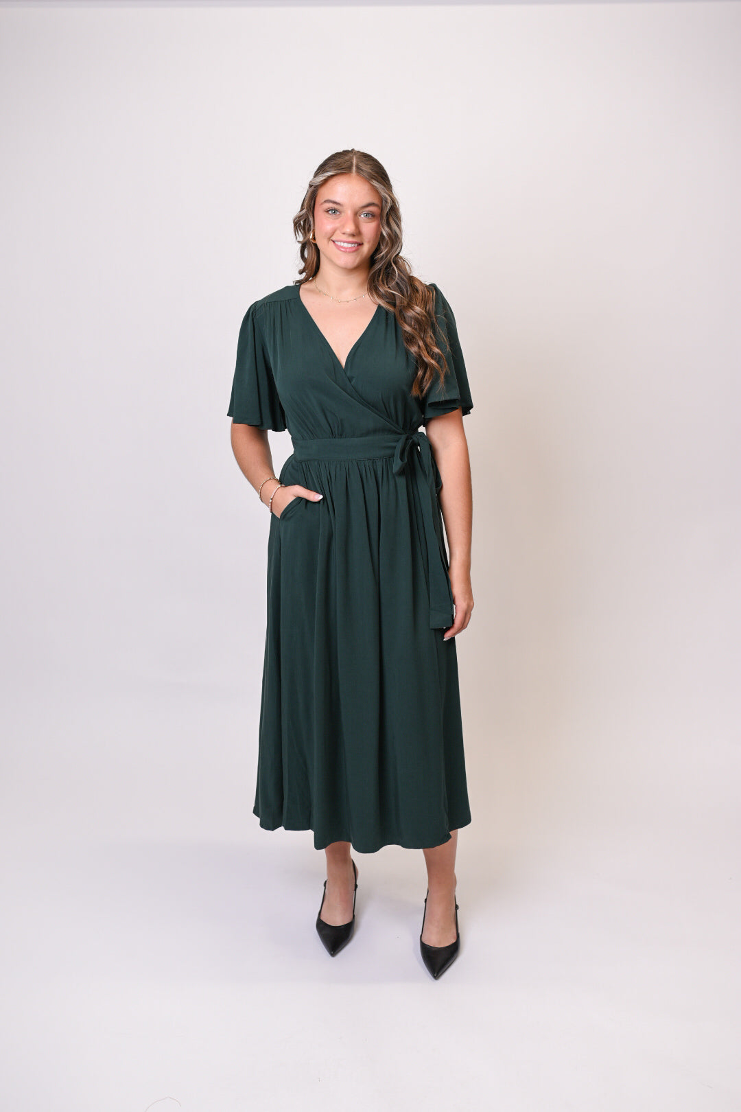 Evergreen Elegance Midi Wrap Dress
