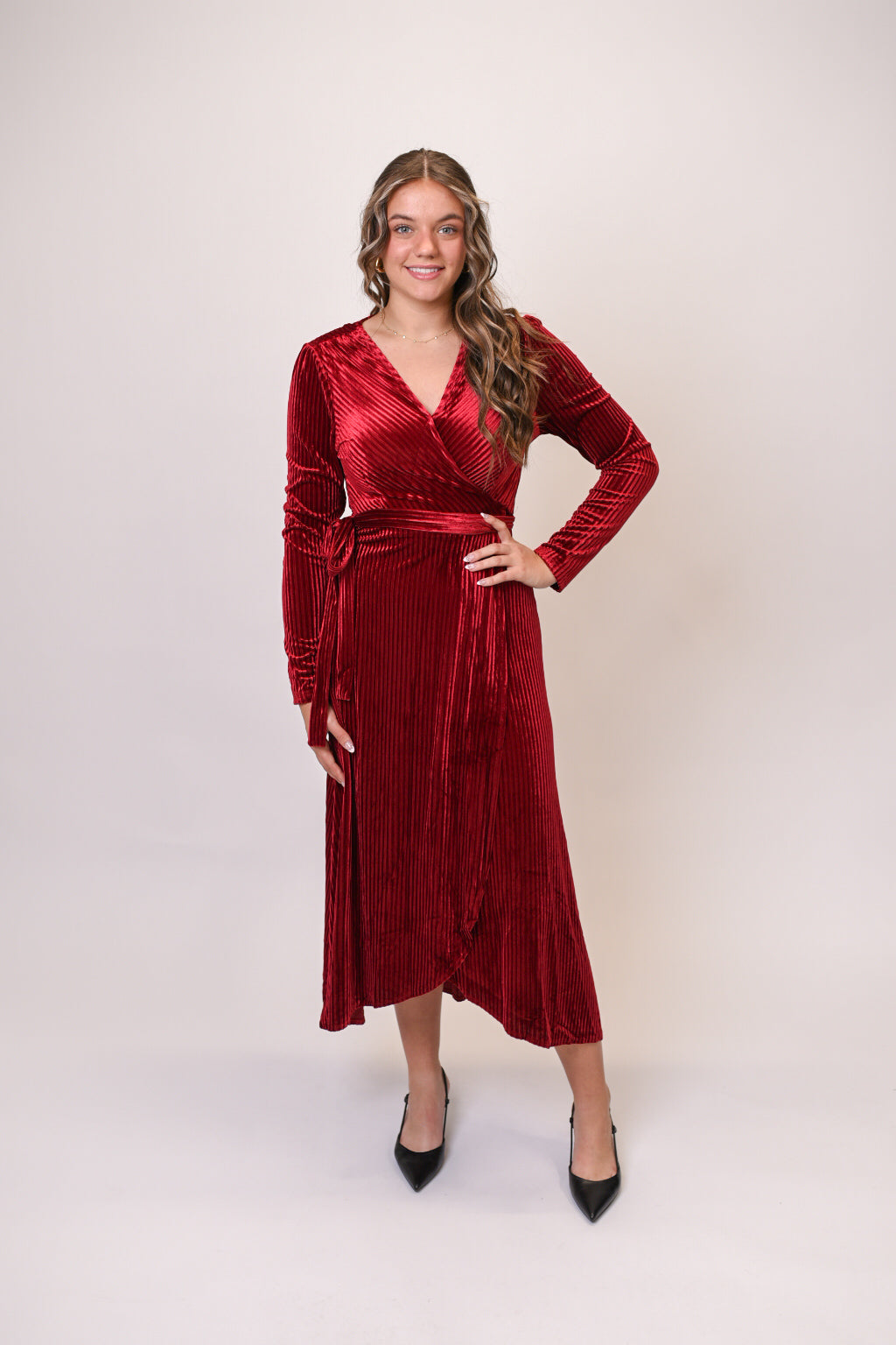 Iva Velour Wrap Dress in Cranberry