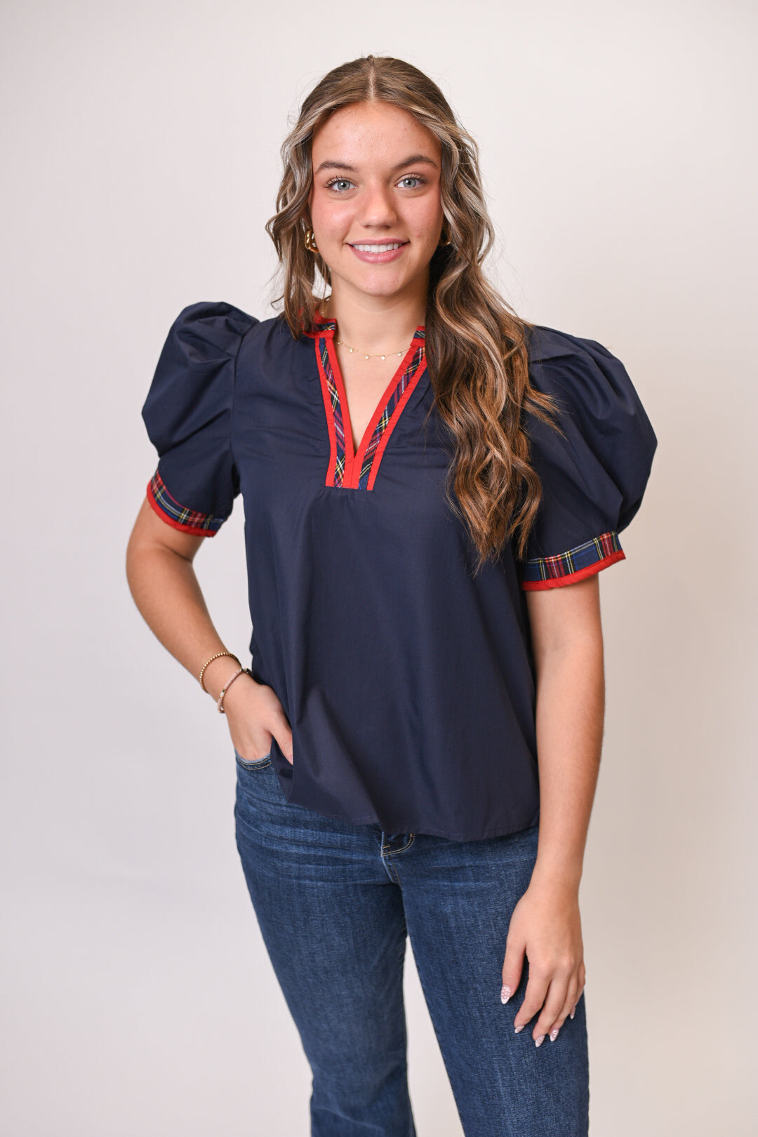 Mad For Plaid Blouse in Navy