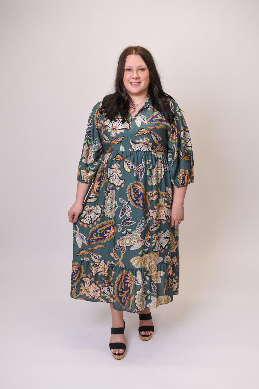 Woodland Retreat Midi Dress in Teal Curvy