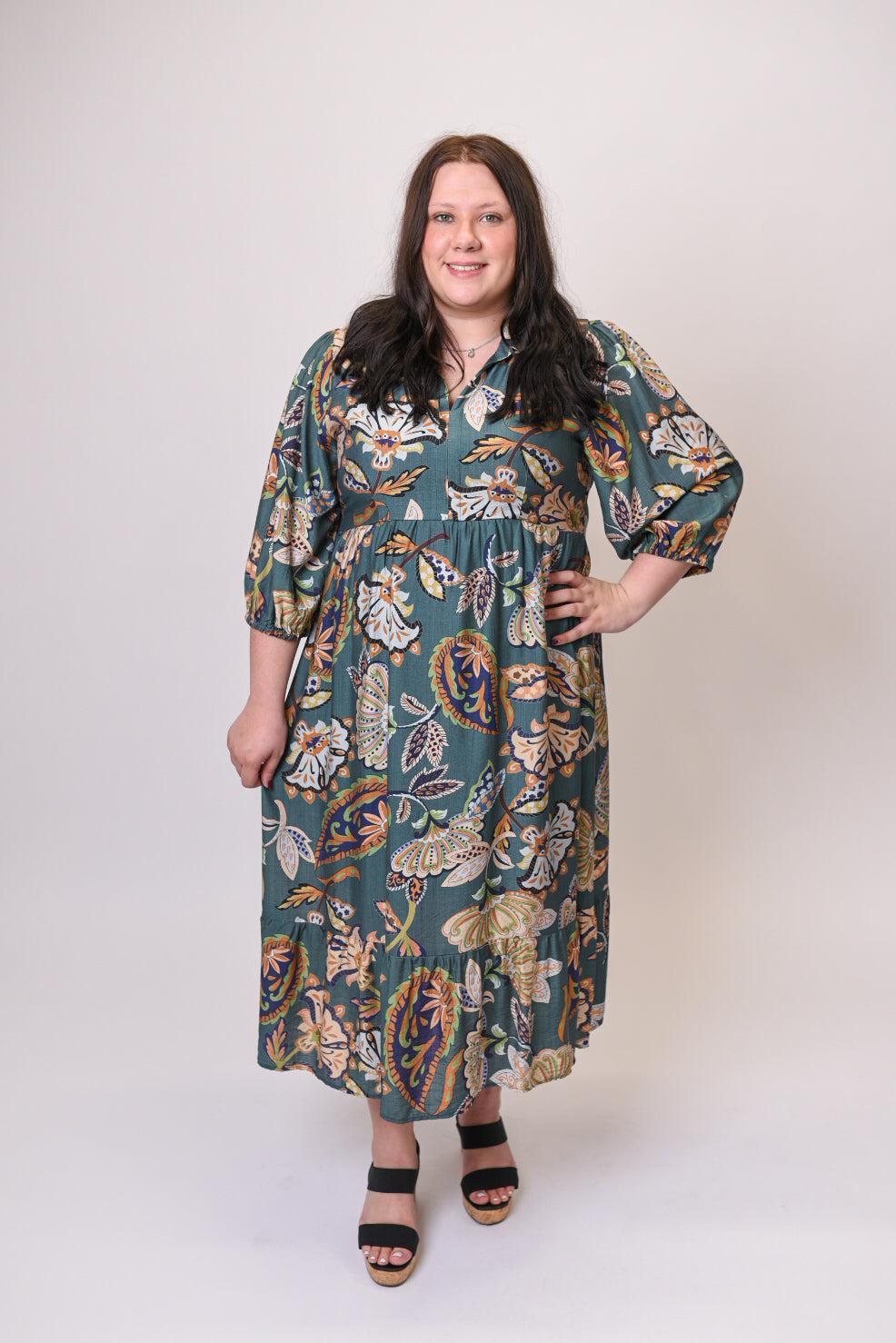 Woodland Retreat Midi Dress in Teal Curvy