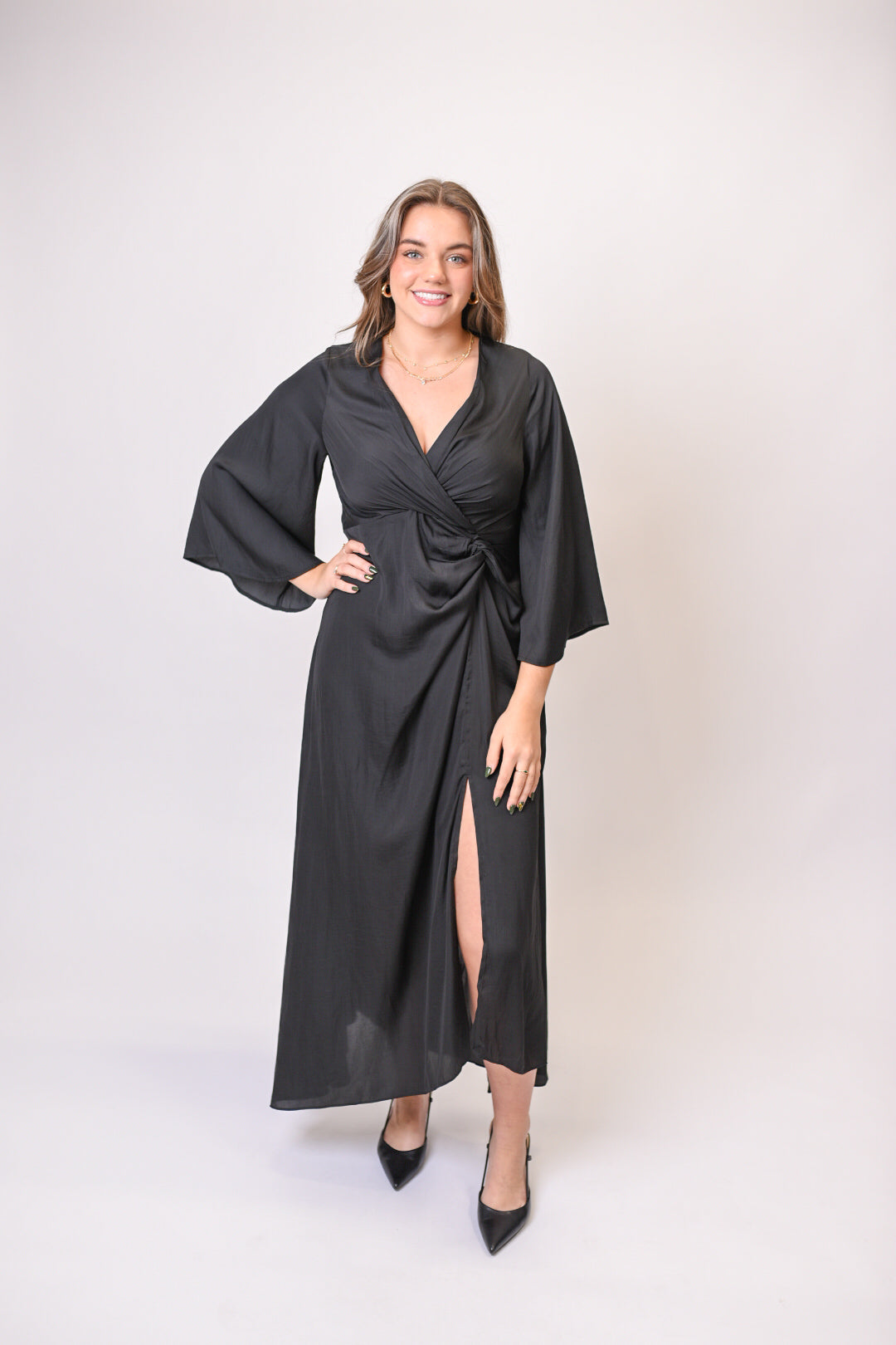 Midnight Satin Gathered Midi Dress