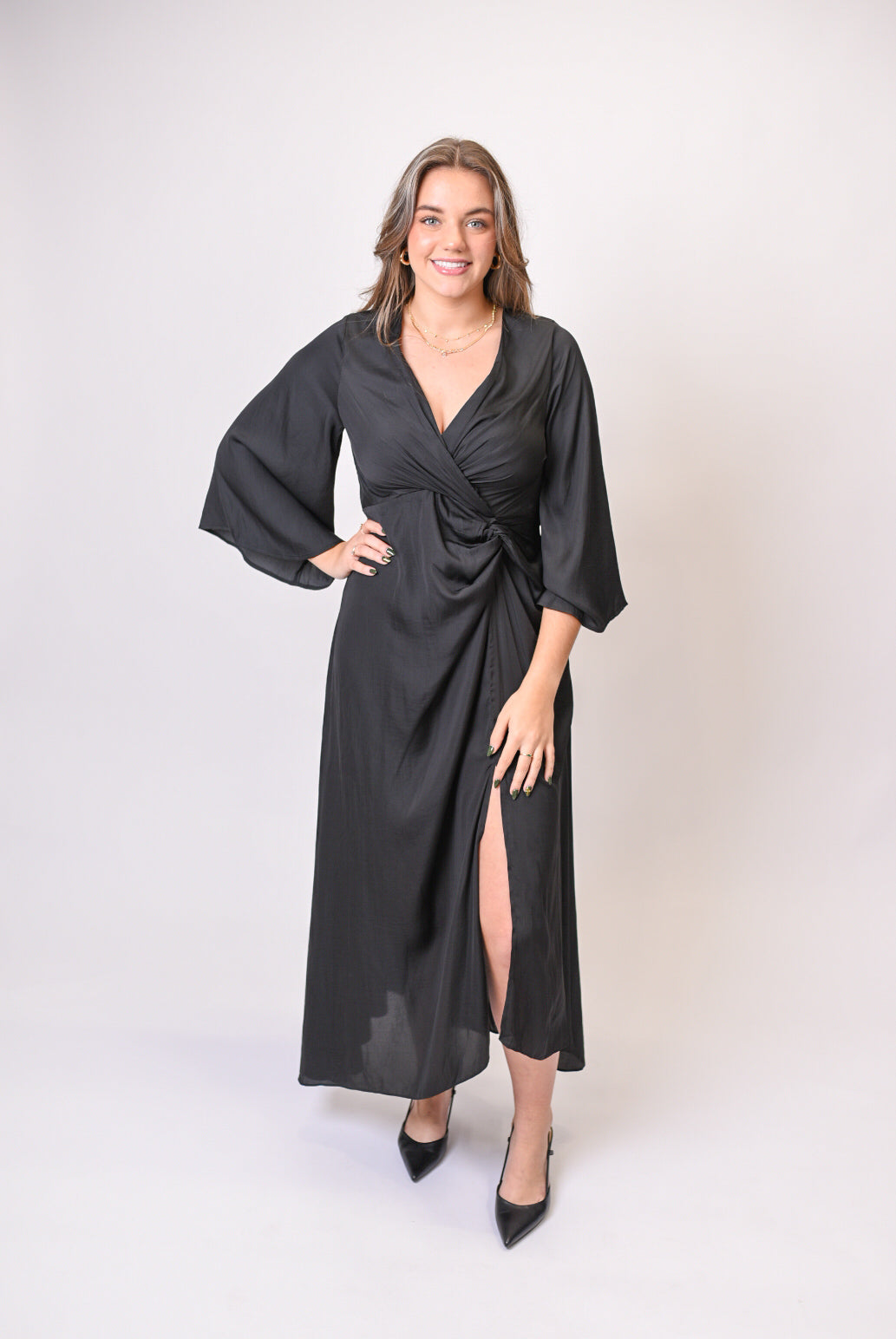Midnight Satin Gathered Midi Dress