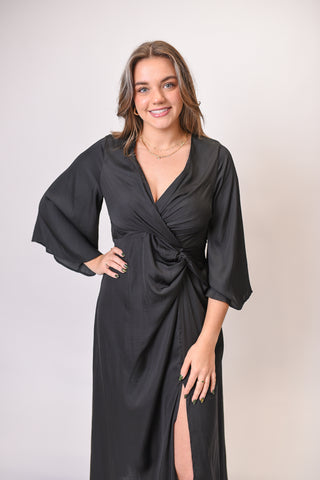 Midnight Satin Gathered Midi Dress