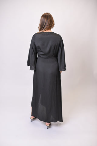 Midnight Satin Gathered Midi Dress