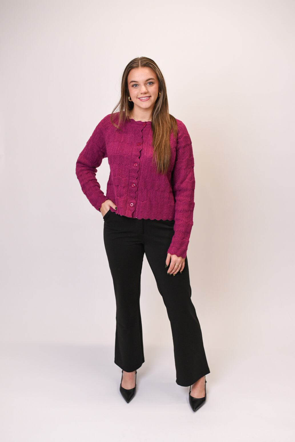 Regina Cardigan With Scalloped Trim In Berry