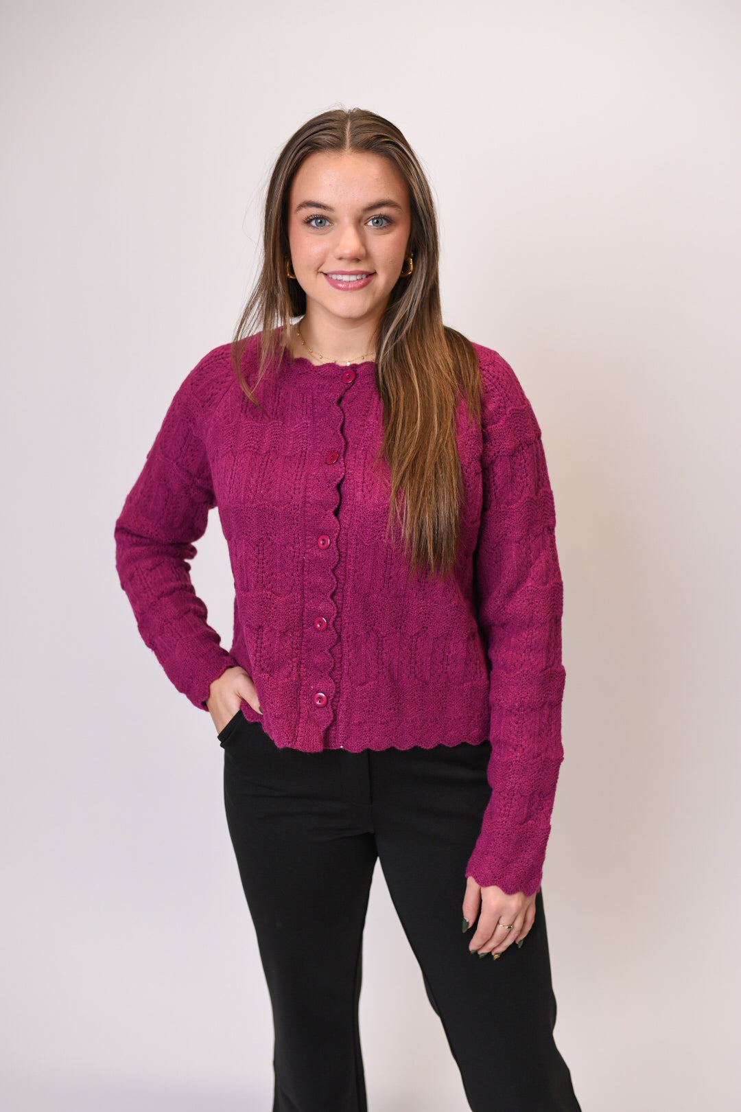 Regina Cardigan With Scalloped Trim In Berry