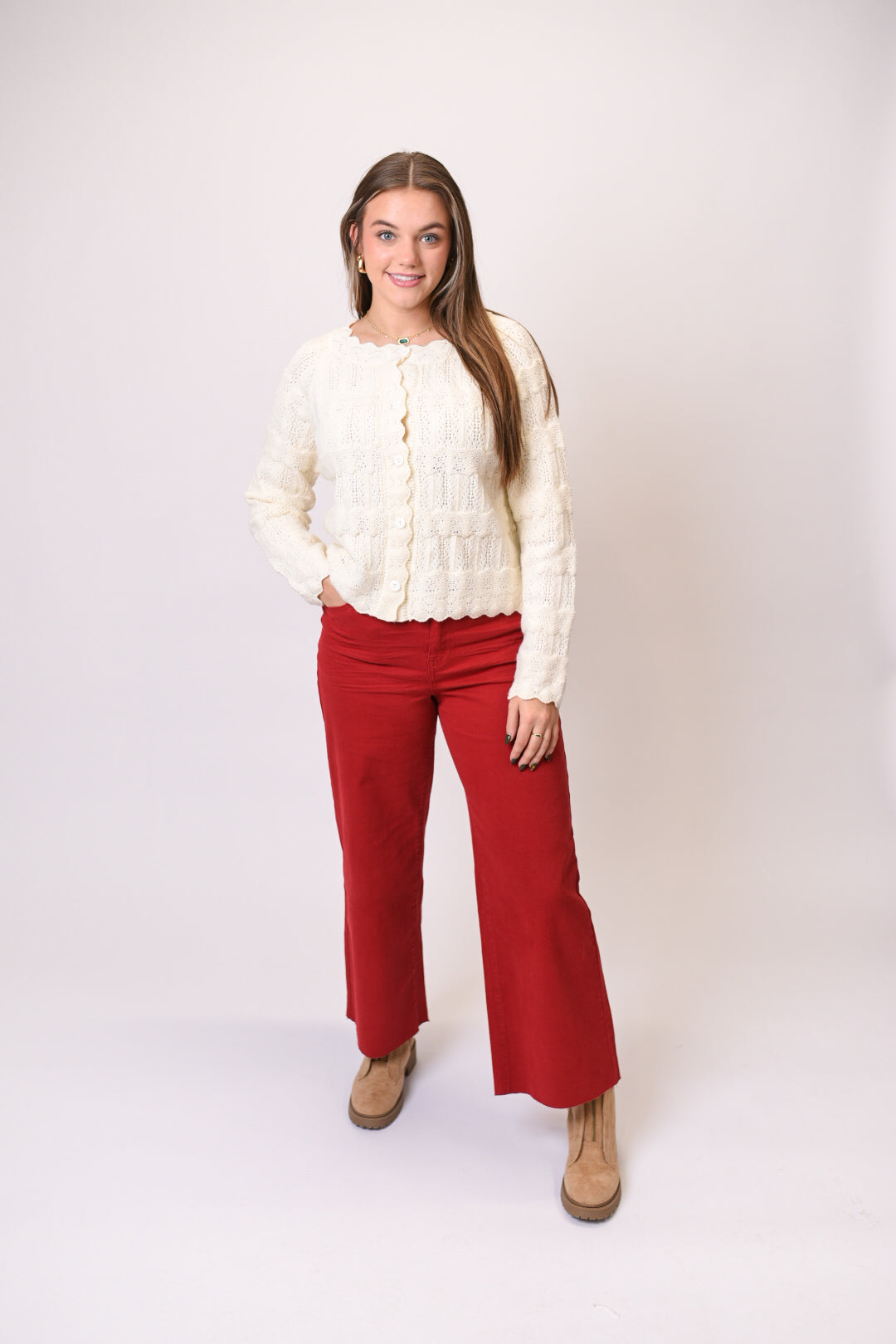 Regina Cardigan With Scalloped Trim In Cream