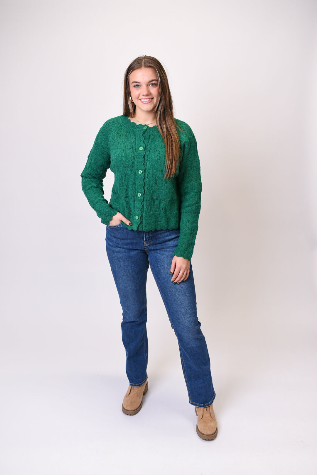 Regina Cardigan With Scalloped Trim In Green