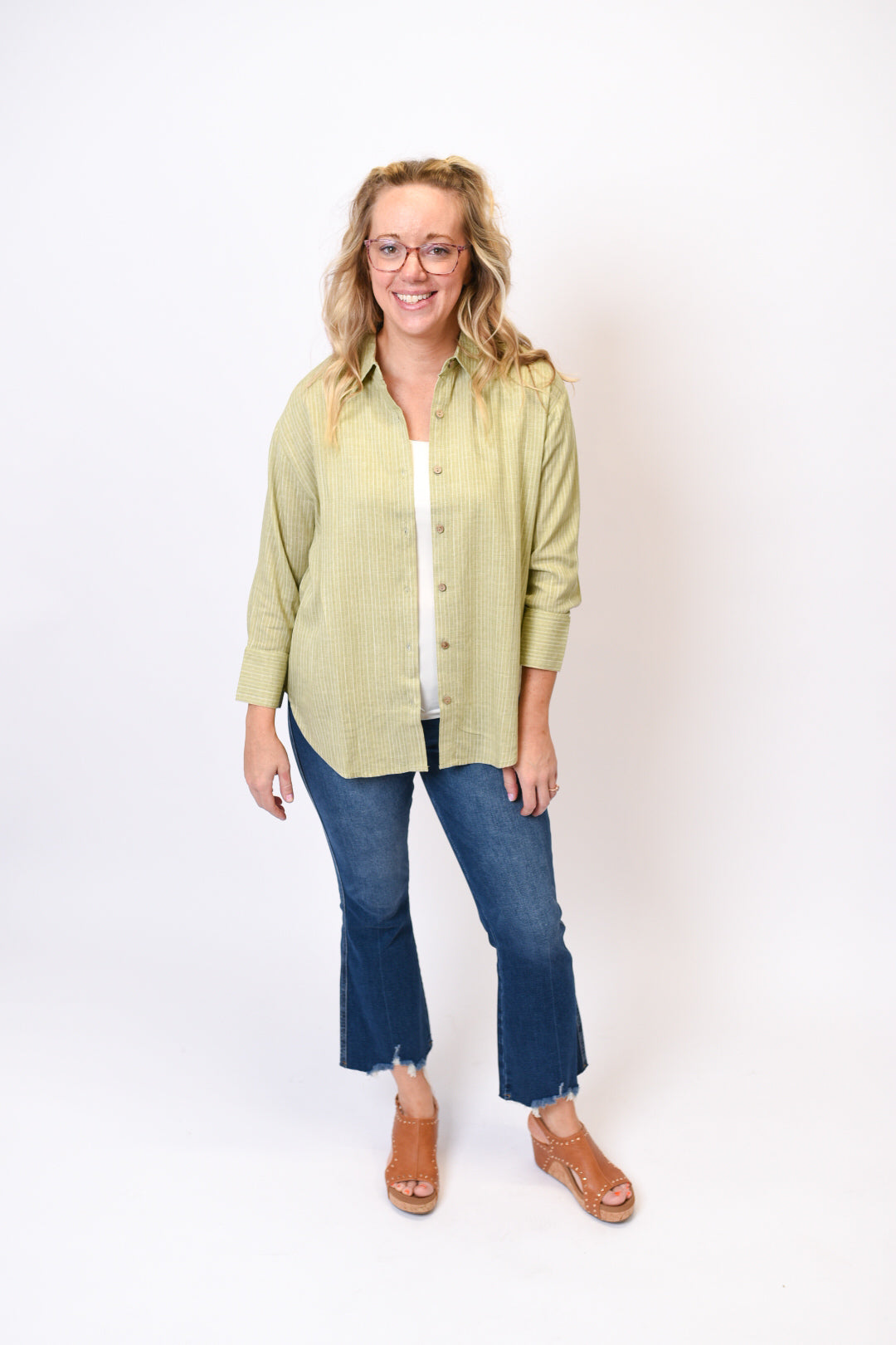 Olive Lane Striped Button Up Top