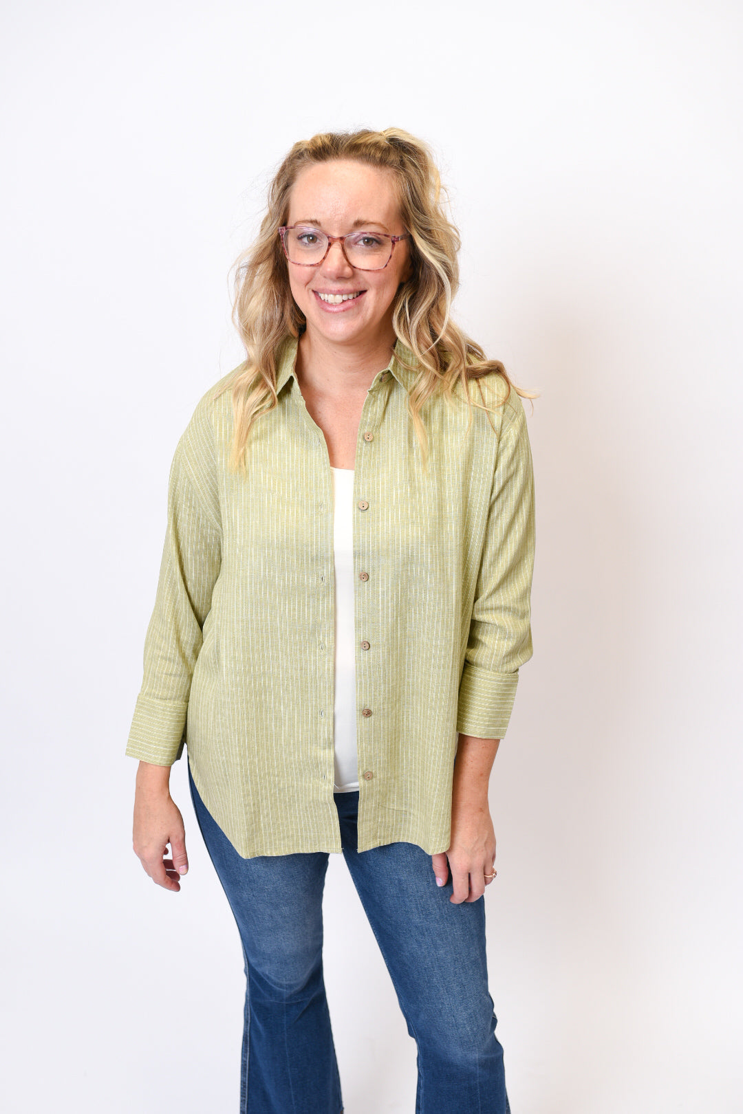 Olive Lane Striped Button Up Top