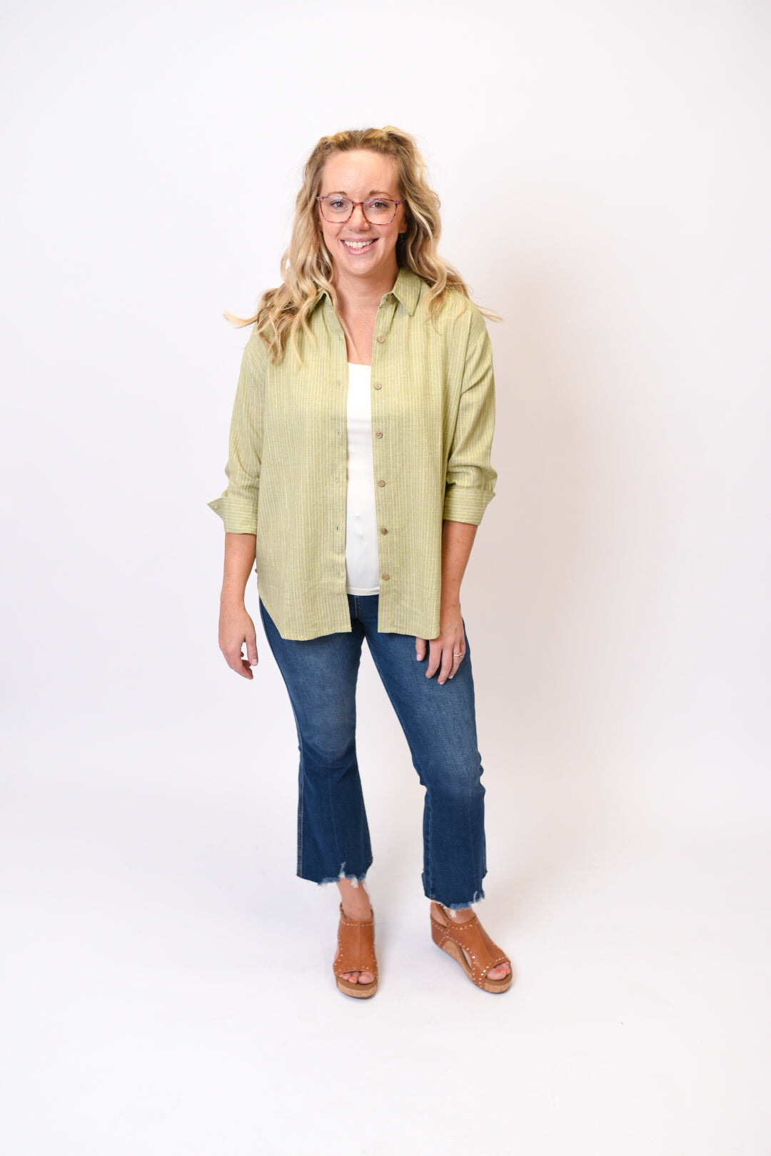 Olive Lane Striped Button Up Top