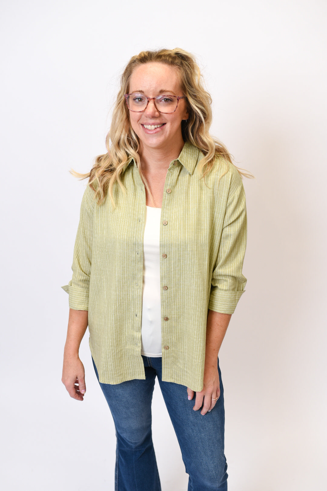 Olive Lane Striped Button Up Top