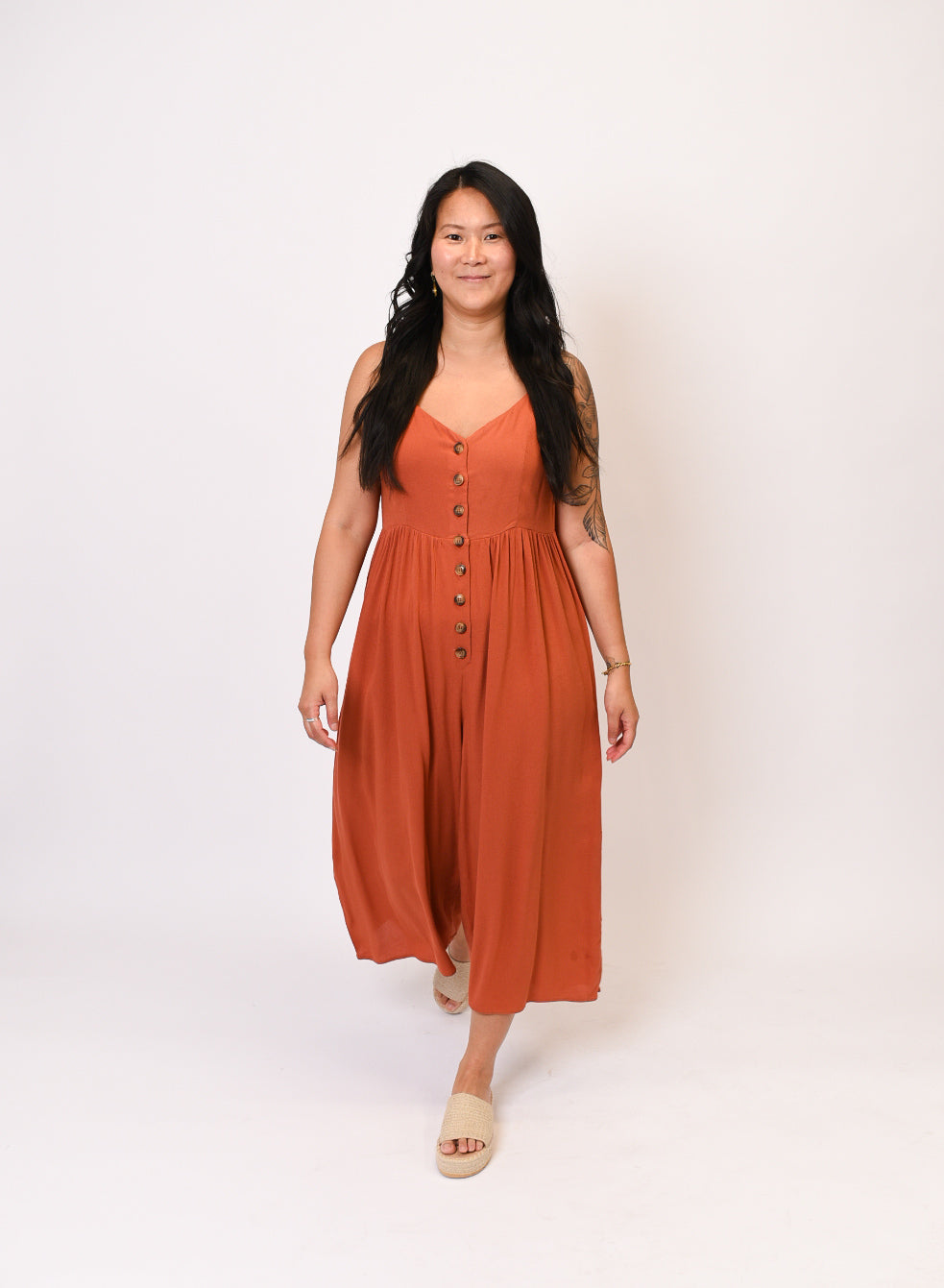 On The Button Spaghetti Strap Jumpsuit in Brick