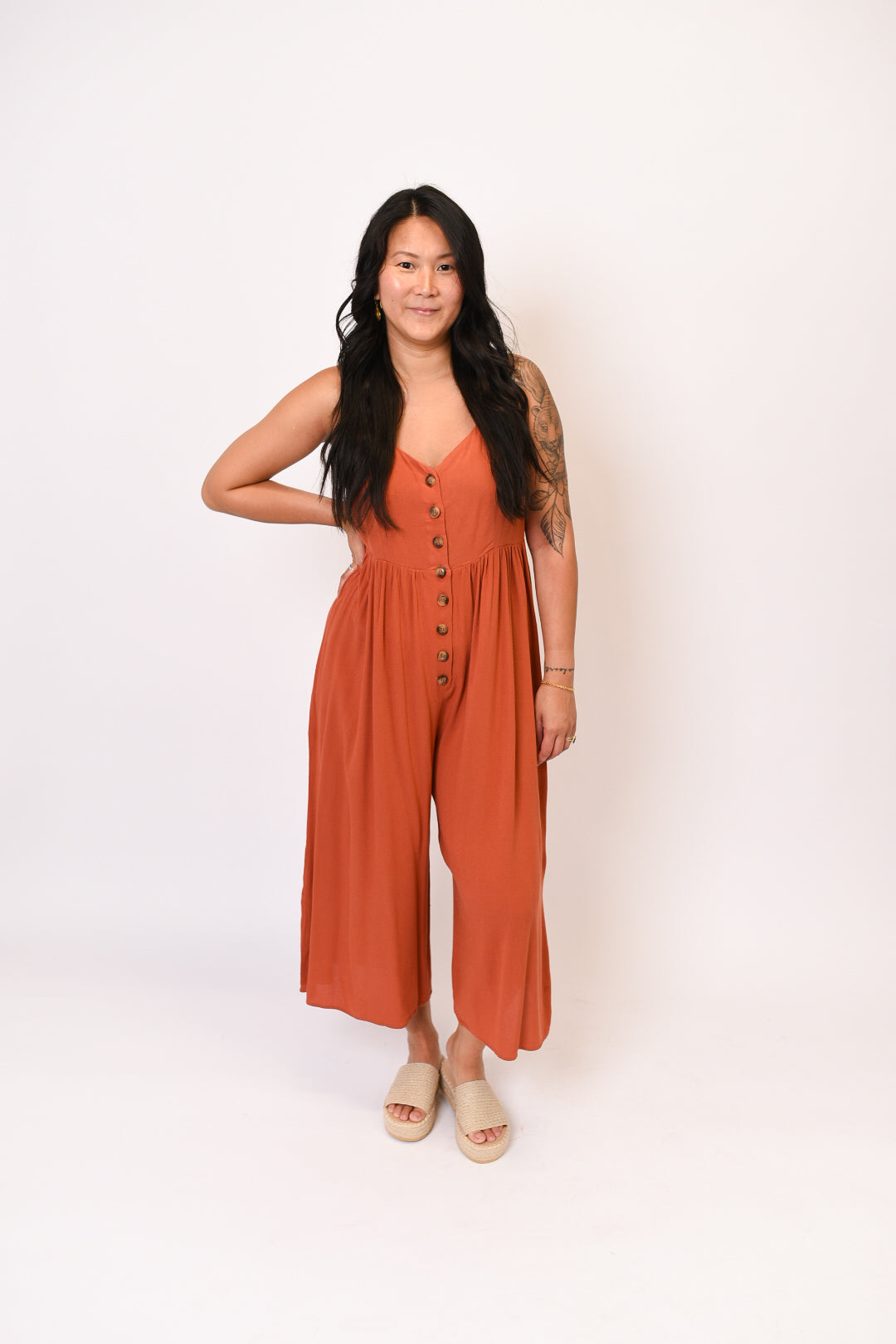 On The Button Spaghetti Strap Jumpsuit in Brick