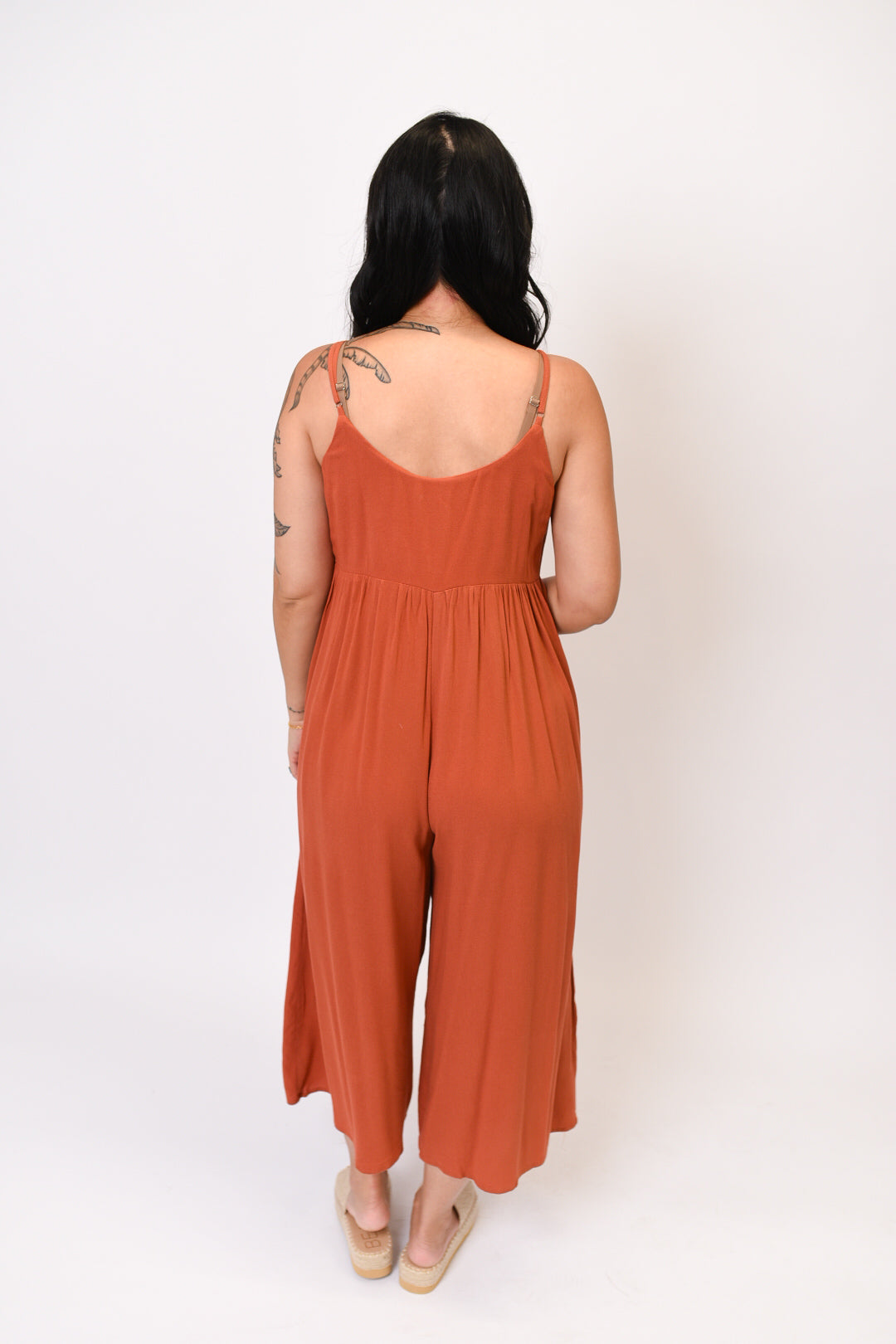 On The Button Spaghetti Strap Jumpsuit in Brick