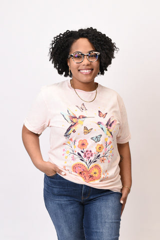 Birds & Flowers Graphic Top in Pink