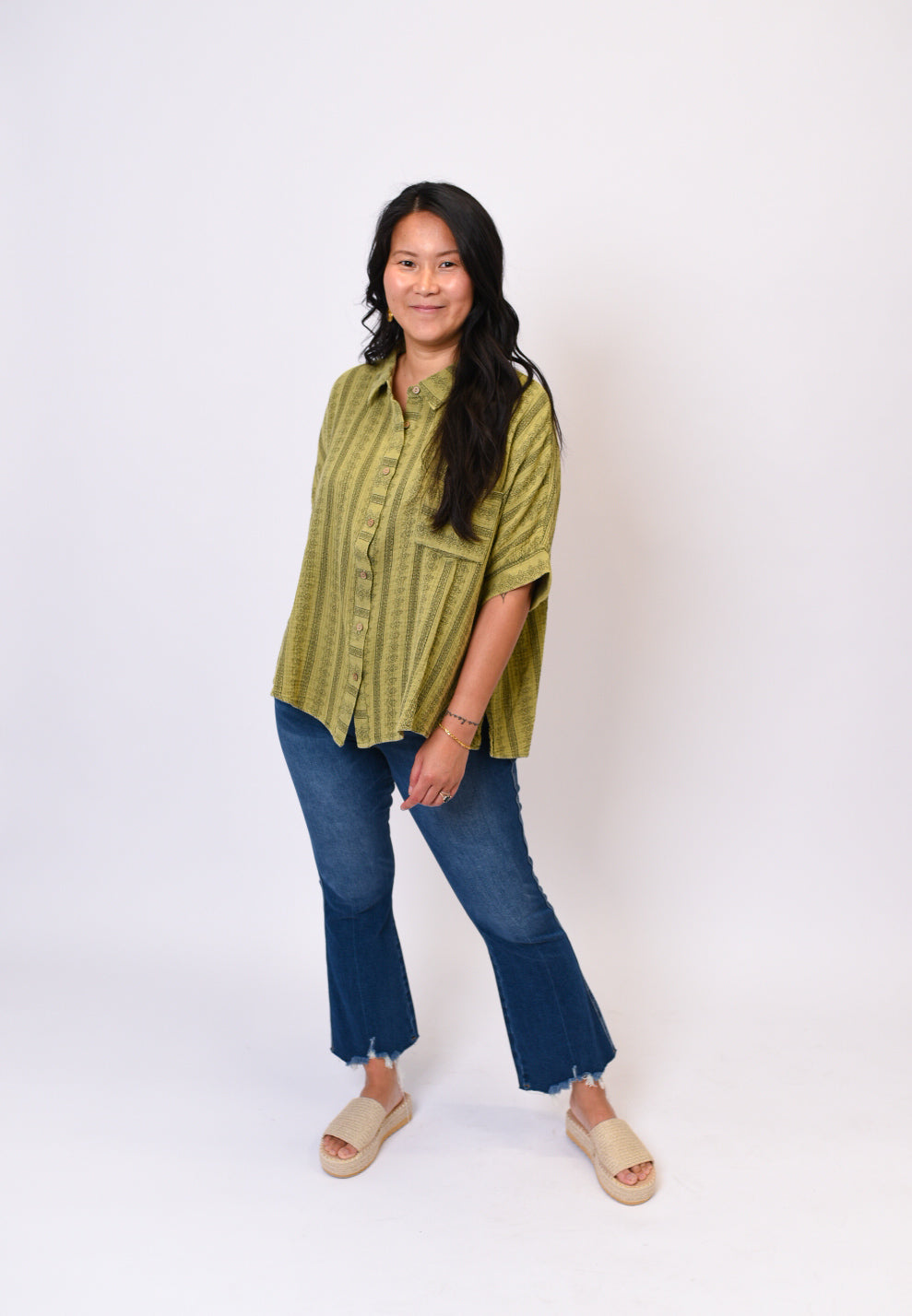 Serene Stripes Button Down in Olive