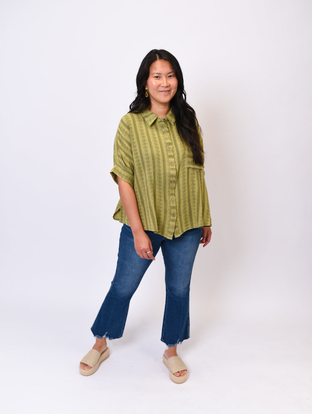 Serene Stripes Button Down in Olive