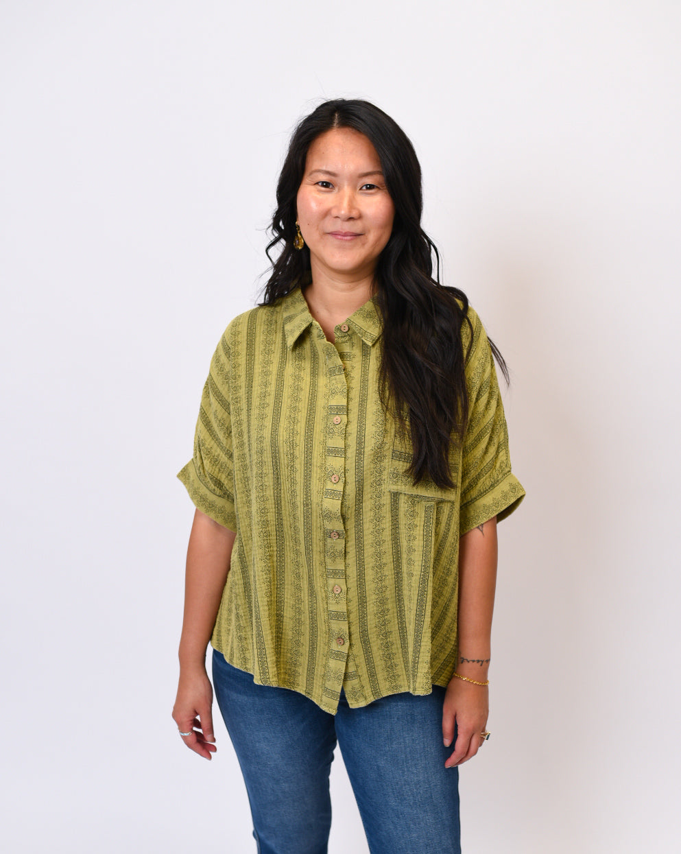 Serene Stripes Button Down in Olive