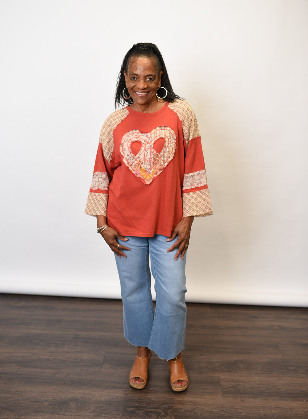 Heart Patch Pullover Top in Red